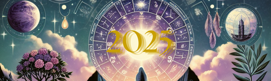 Celestial style moons in a dusky cloud filled sky. Centered horoscope wheel depicting horoscope symbols. 2025 in gold coloured large lettering.