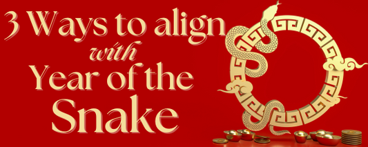 Red background. Right hand side is a golden chain circle with a golden snake wrapped around it. Text on left hand side reads three ways to align with Year of the Snake.