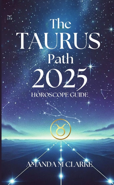 Book Cover Video book cover starry dark night sky with Taurus constellation Taurus Zodiac Icon with a lighted pathway toward it. The writing is: The taurus path 2025 horoscope guide amanda m clarke thumbnail